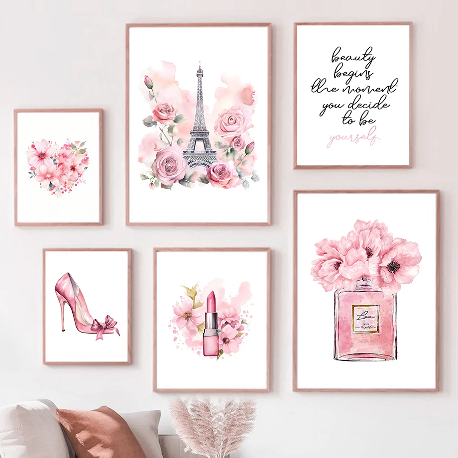 Home Fragrance Bottle - パリファッションアートポスターピンクエッフェル塔香水瓶壁アートキャンバス絵画北欧ポスターホームリビングルームの装飾