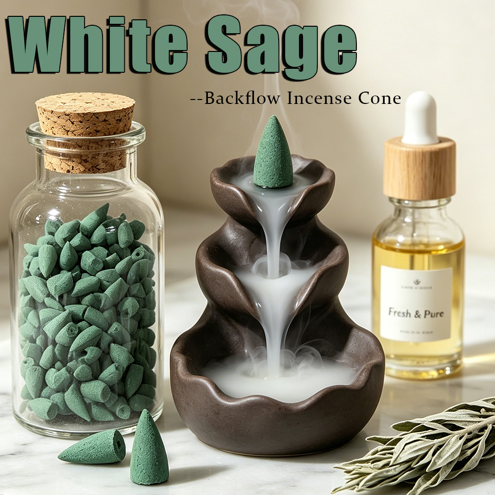 Home Fragrance Luxury - ホワイトセージの香りのバックフローインセンスコーン、天然の香り豊かなフレグランス、ホワイトセージインセンスパウダー、エッセンシャルオイルで浸した、豊かな香り、長持ちする香り、ヨガ、瞑想、読書、来客を迎える、部屋の装飾、ギフトに最適。
